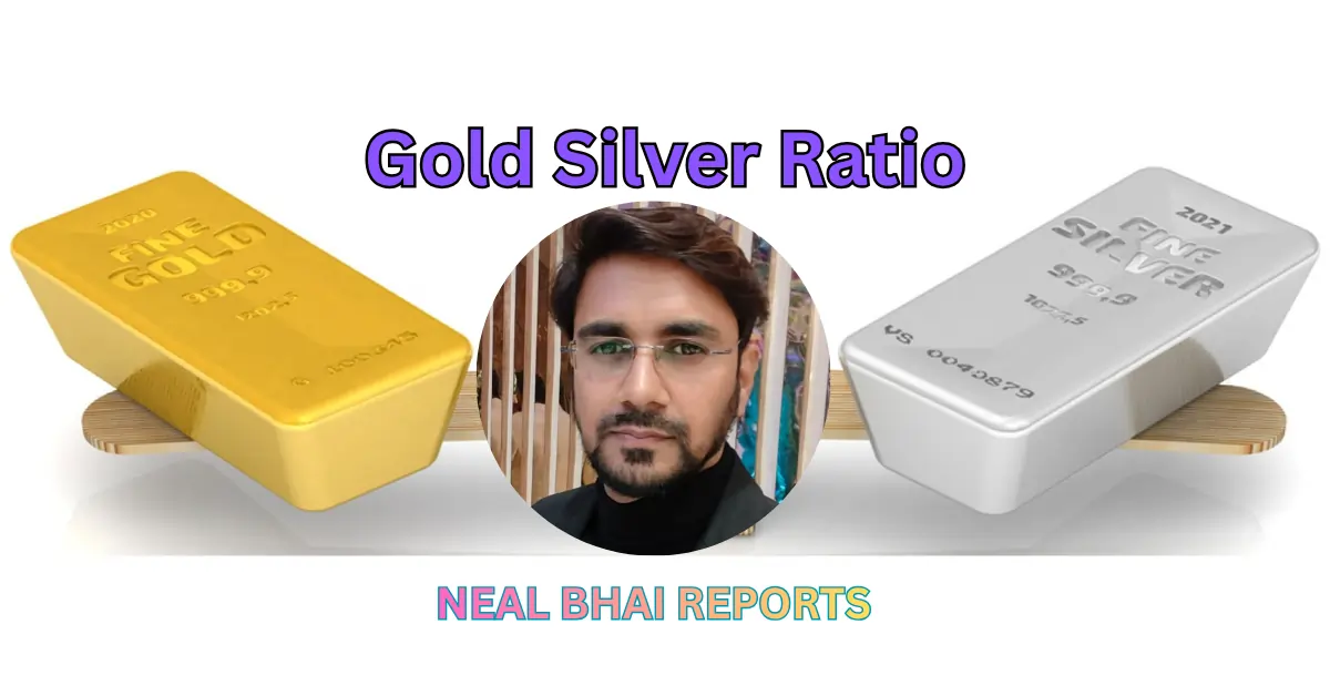 Gold and silver bars balanced on a wooden plank with Neal Bhai’s photo in the center, representing Gold-Silver Ratio analysis and market insight for 2025.